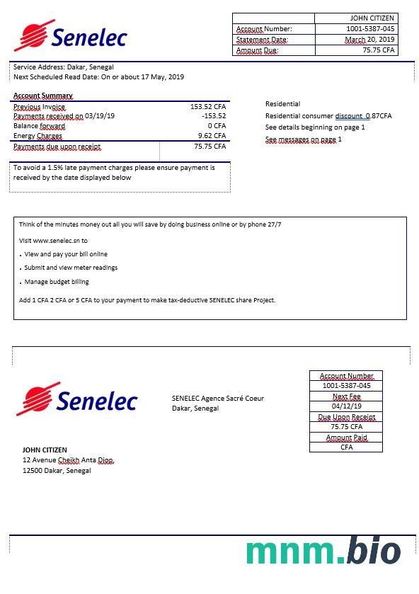 Senegal Senelec Agence Sacré Coeur rachunek za energię elektryczną w formacie Word
